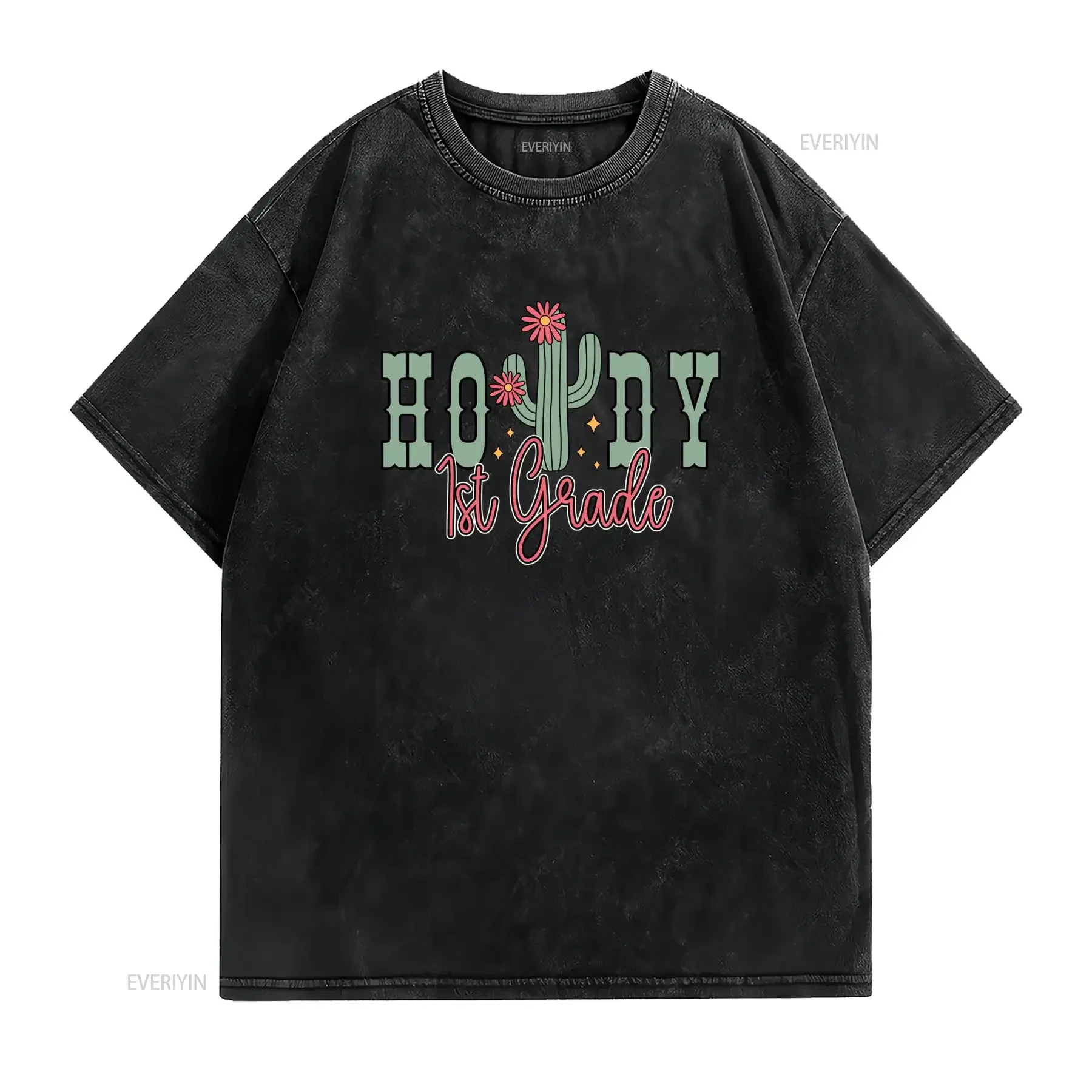 Retro Western Howdy 1st Grade Cactus Floral Print Back To School Casual T Shirt vintage Washed Breathable Stylish streetwear