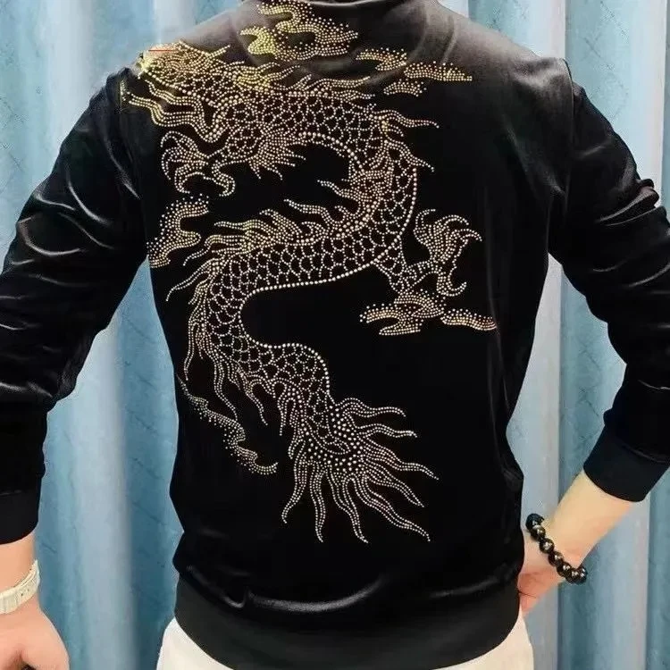 Man's Velvet Long Sleeve Fall Winter Dragon Sequins Graphics Slim Fit Shirts Party Punk Stage