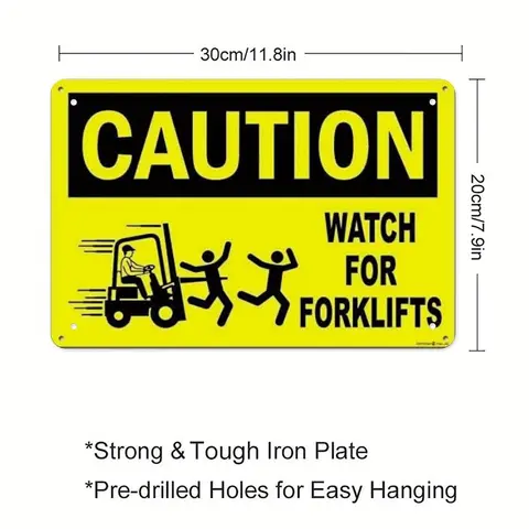 Vintage Industrial Metal Tin Sign - Funny Forklift Caution Safety Wall Art 7.8"x11.8", Retro Yellow & Black Warehouse Garage De