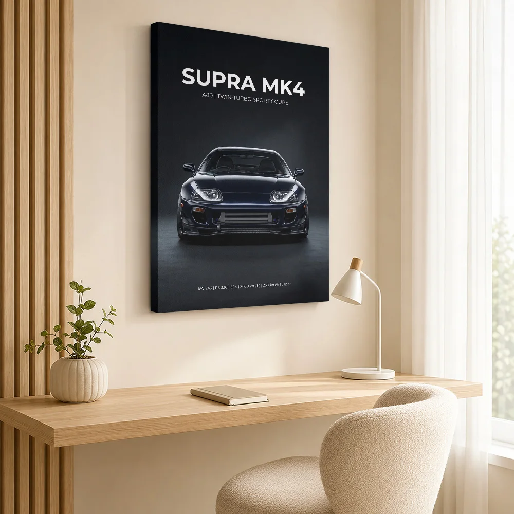 Japanese MK4 Twin-Turbo Car Canvas Print Customized Photo Dramatic Lighting On Dark Background Wall Art For Auto Shop Reception