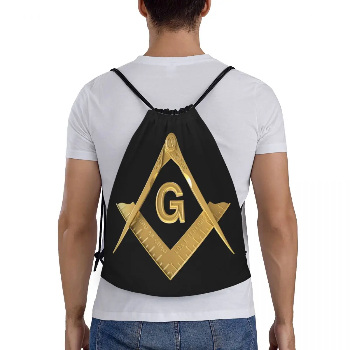 Mochila de almacenamiento para hombre y mujer, bolsa con cordón y logotipo personalizado de Freemason dorado, masónico ligero, deportes, gimnasio