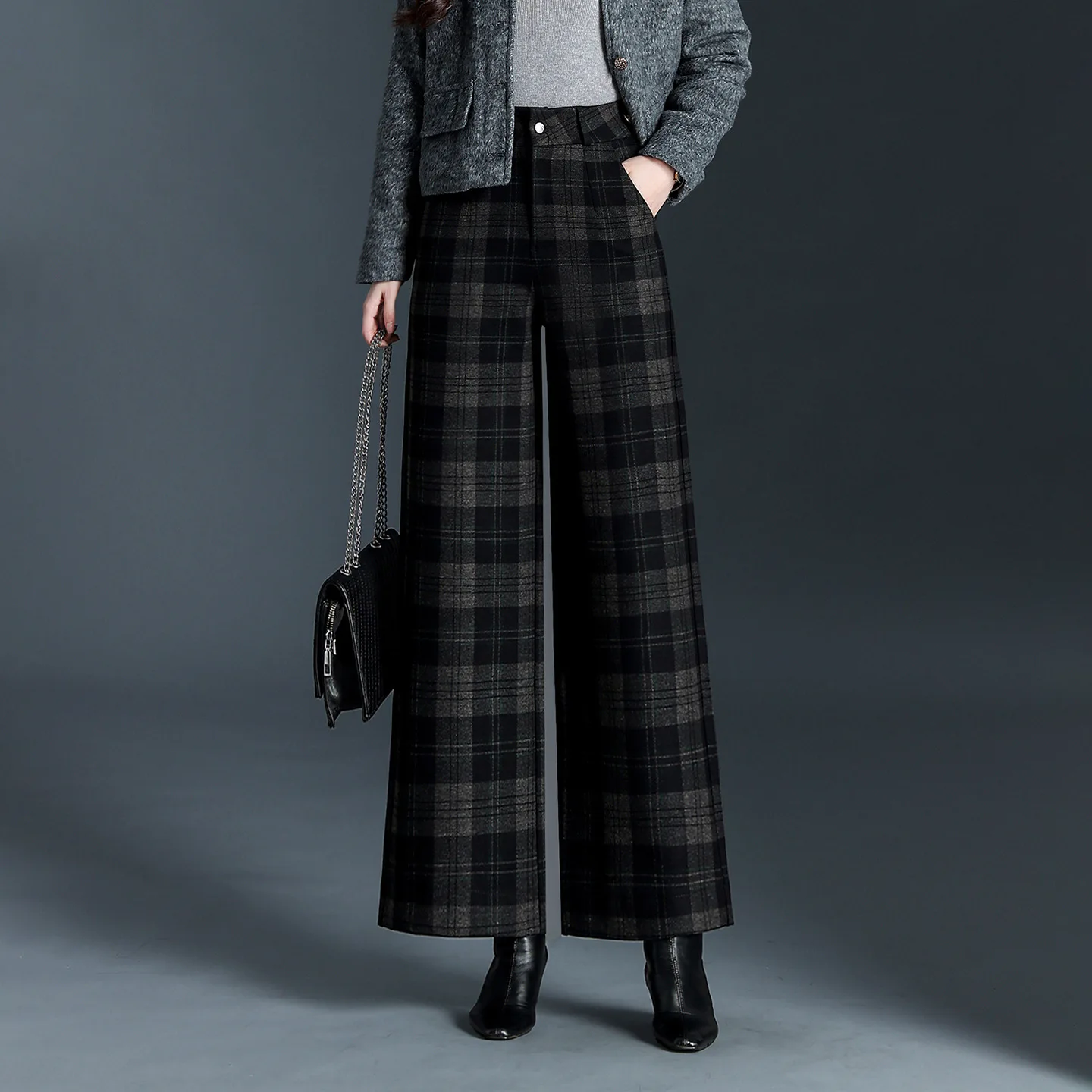 MAISÉRA Women Short Plush Jacket Black Grey Checkered Wide Leg Pants 2 Piece Set Office Casual Elegant Outfit