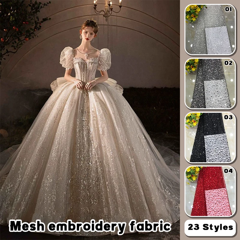 

1 Yard Luxury African Heavy Bead Lace Sequins Fabric For Diy Sewing Wedding Party Dress Sparkly Transparent Tulle Lace Fabric