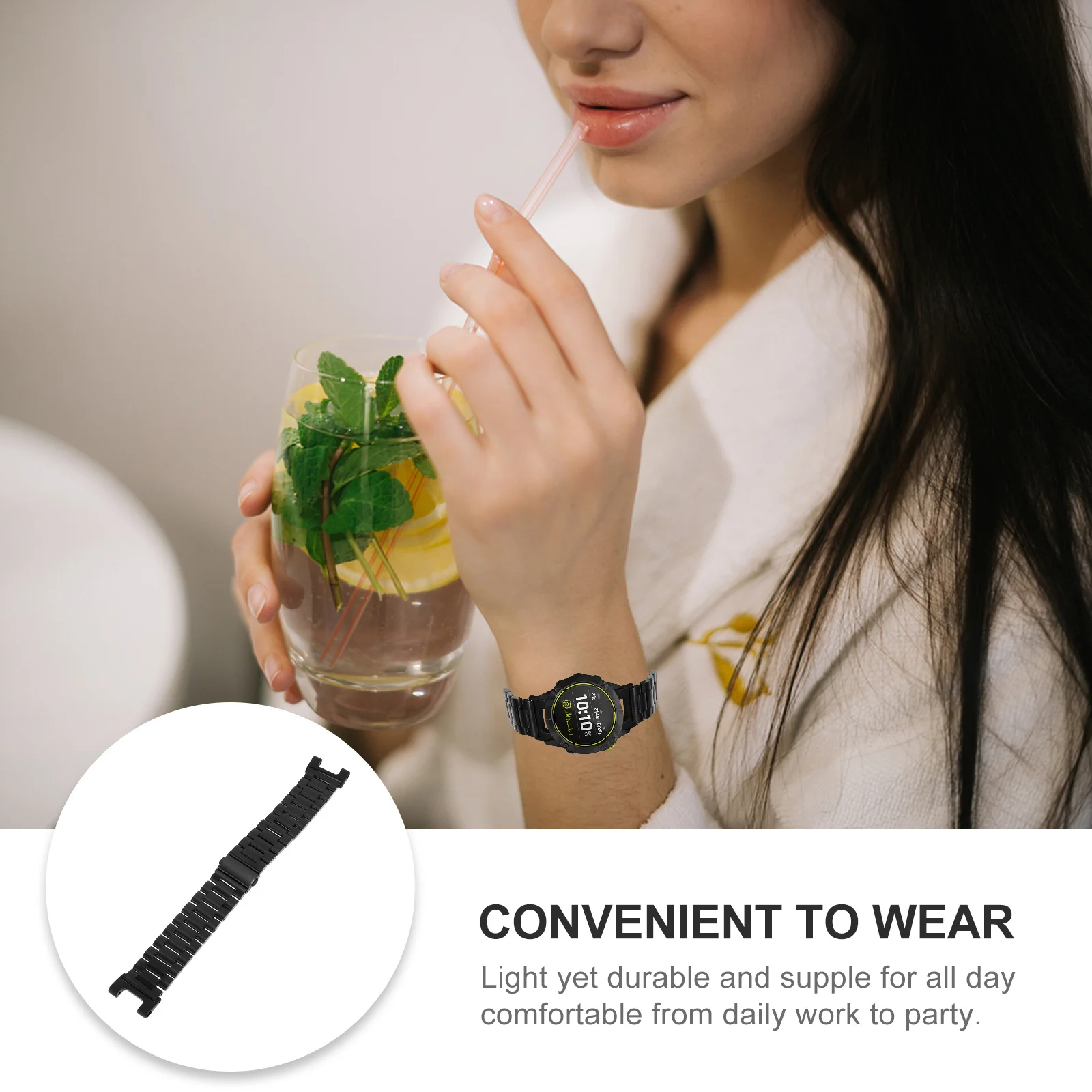 

1Pcs Premium Solid Steel Watch Strap Simple Elegant Black Design Double Snap Closure Replacement Watchband for
