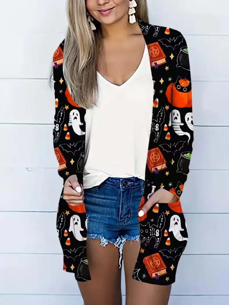 Pumpkin Pattern Open Front Cardigan, Casual Long Sleeve Dual Pockets Halloween Cardigan For Fall, Women\'s Clothing