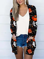 Pumpkin Pattern Open Front Cardigan, Casual Long Sleeve Dual Pockets Halloween Cardigan For Fall, Women's Clothing