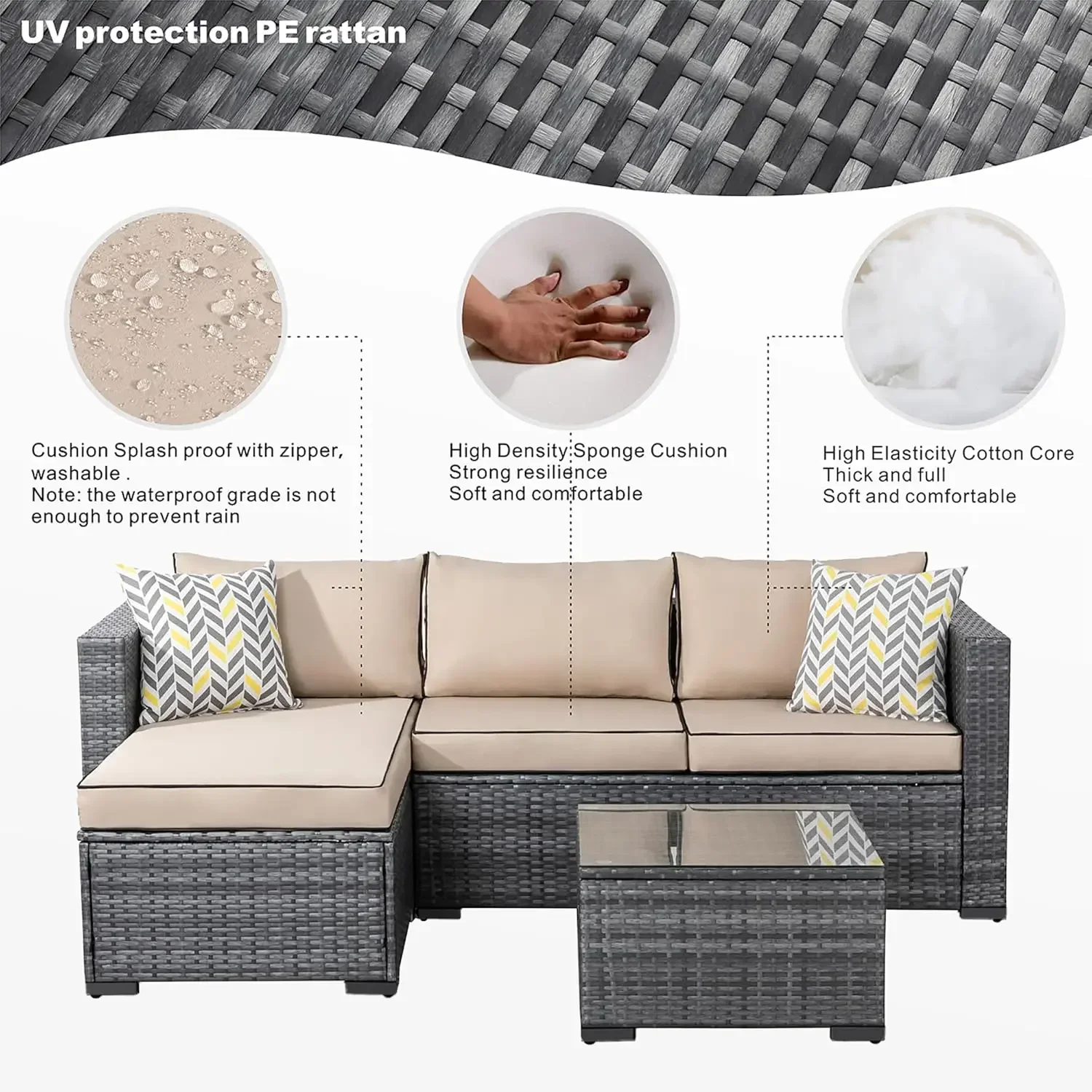 Rattan ao ar livre sofá secional com mesa de chá e almofadas, All-Weather Patio Móveis Sets, Upgrade