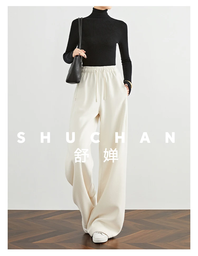Soft Fleece Beige Wide-leg Pants Straight Tube Drape Extended Woolen Loose Casual Pants Women Winter