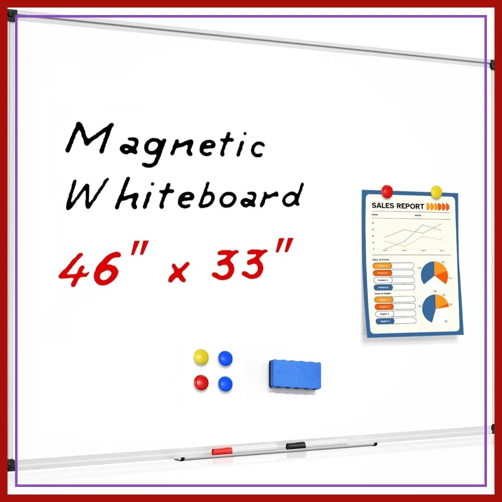 

46x33 Inch Magnetic Dry Erase Whiteboard for Wall, Large 4x3 Silver Aluminum Frame Board with 1 Eraser, 2 Pens, Tray, 6 Magnets