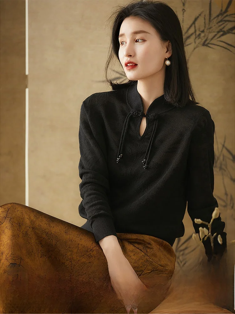 

Новый женский вязаный топ Xiao Han Ge в китайском романтическом стиле, с маленьким воротником-стойкой, из шелка и льна, с вышивкой, длинный рукав, 2026