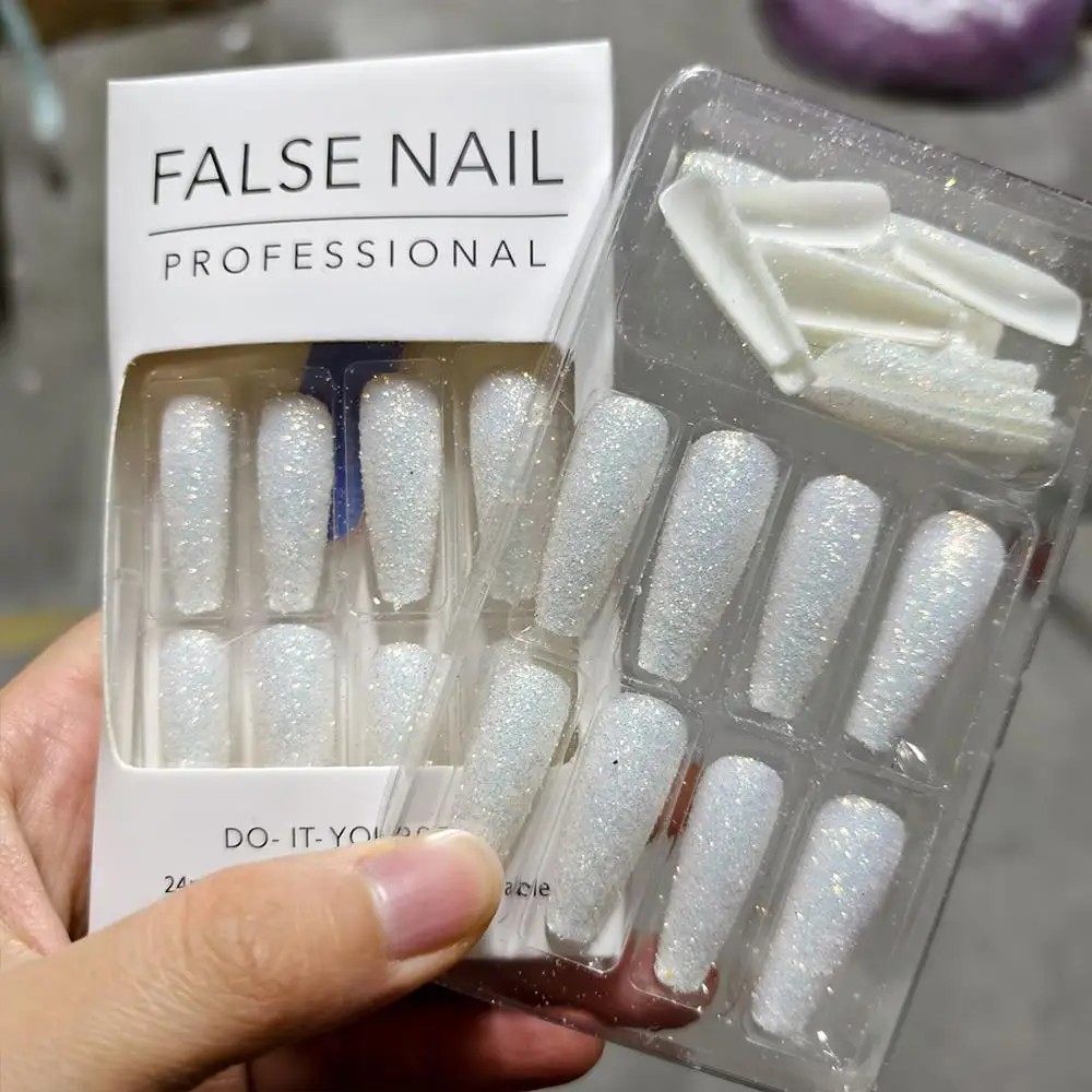 24Pcs White Glitter Sugar Powder Fake Nail Full Cover Long Coffin Press On Nails Trapezoid Shape Women Wearable False Fingertips
