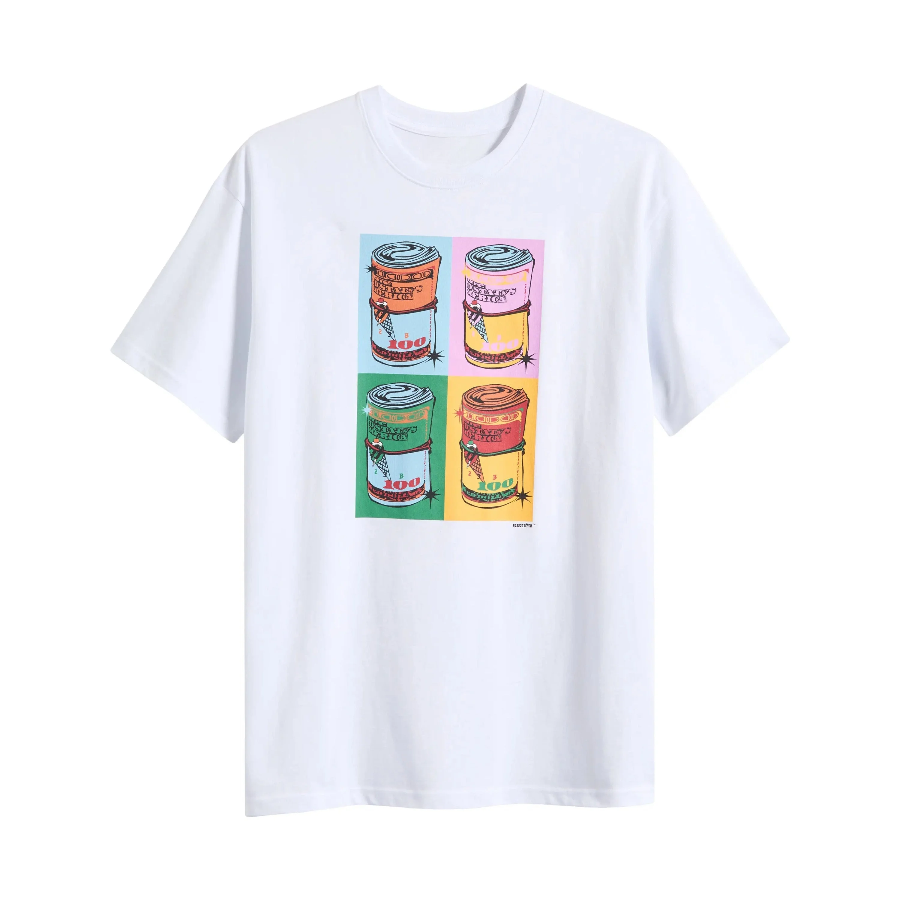 Nouveau T-shirt Pop Art 2026 à 4 panneaux avec imprimé 'Money Print' style 'Canned Money', style identique pour adultes et enfants, hauts décontractés rétro streetwear à manches courtes