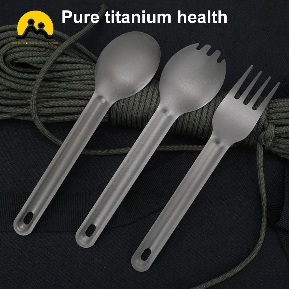 Ultralight Titanium Metal Silver Tableware Long Handle Spoon Cutlery Fork EDC Camping Tool Outdoor Picnic Accessories