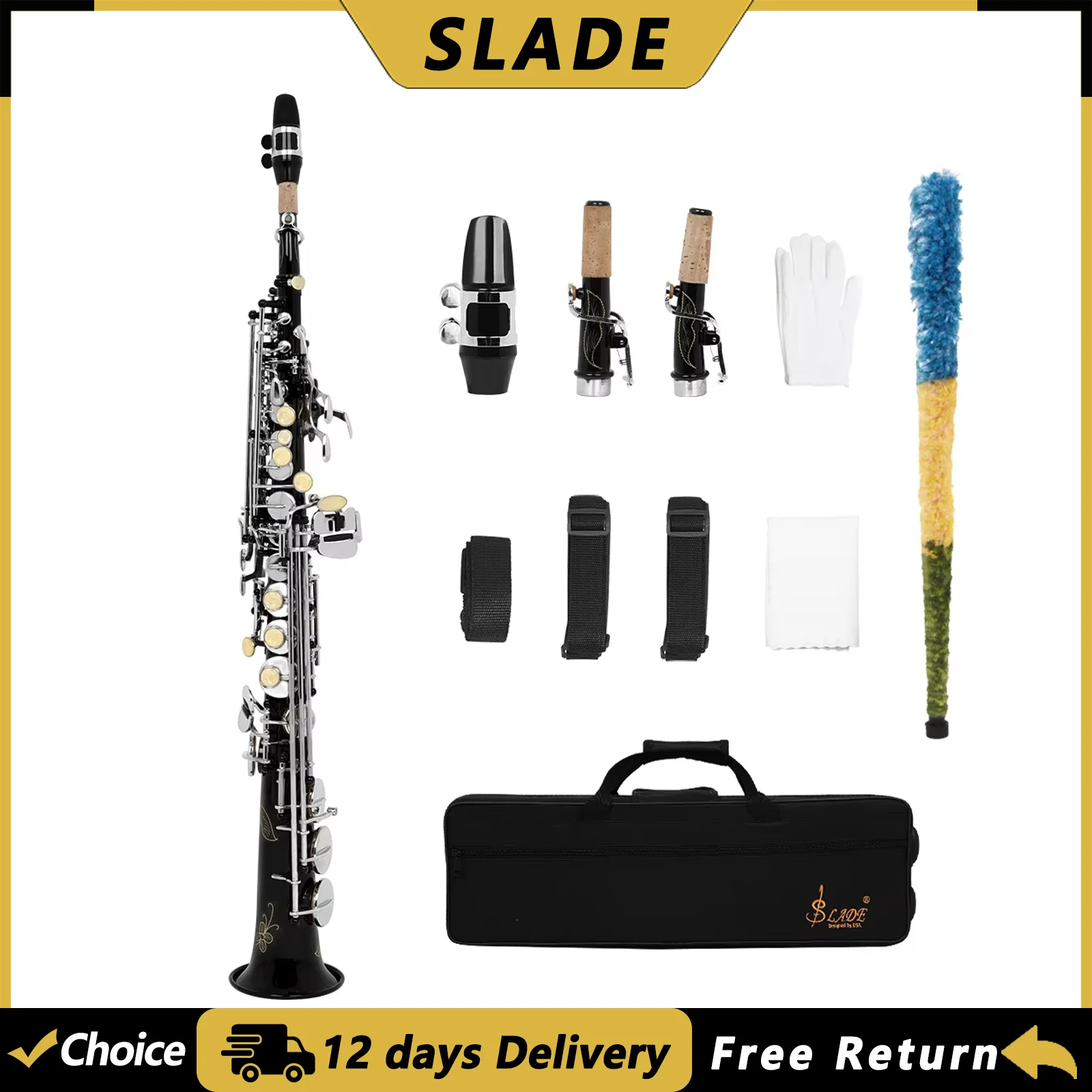 SLADE Brass Bb Soprano Saxophone B Flat Straight Sax Professional Woodwind Instrument with Saxfone Case Gloves Accessories