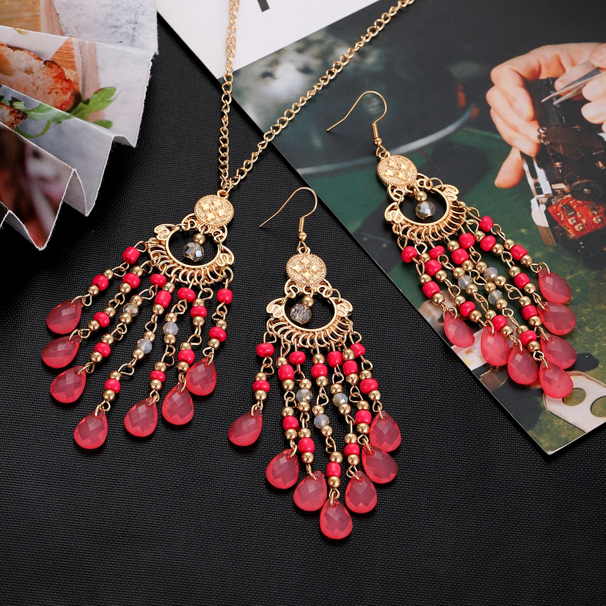 Bohemian Multicolor Crystal Long Tassel Dangle Earrings Necklace for Women Hangers Retro Gold Plated Geometric Wedding Jewelry