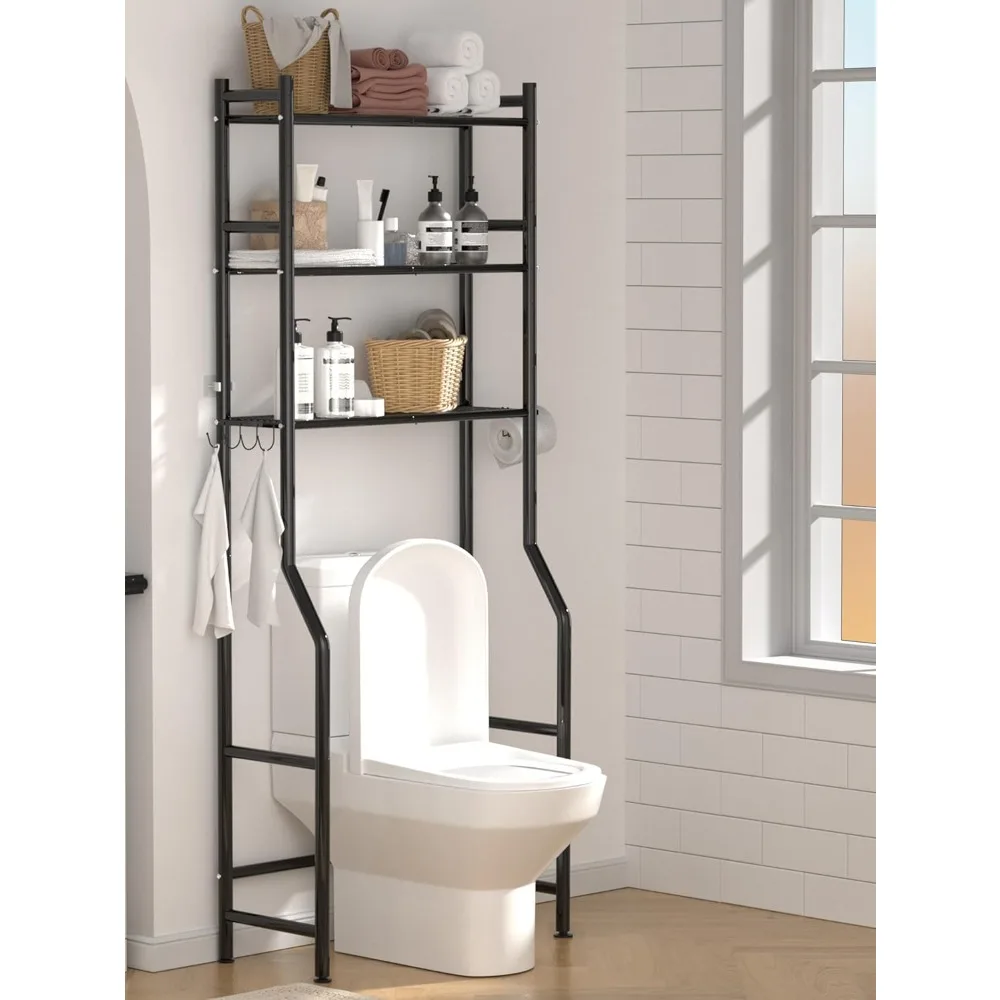 3-Tier Over The Toilet Storage, Space Saver Metal Bathroom Shelves, Freestanding Above Storage Shelf with 4 Hooks for Bathroom