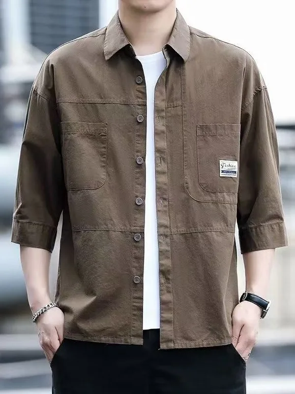 

Spring Summer Men's Casual Loose Cotton irt Seven-Quarter Sve Wear-Resistant Durable Faion Brand Leisure Match Outerwear