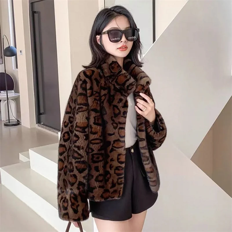 

Leopard-print Fur Coat Women's Short Mink Fur Jacket Autumn Winter Stand-up Collar Thicken Casual Outerwear Faux Fur Overcoat