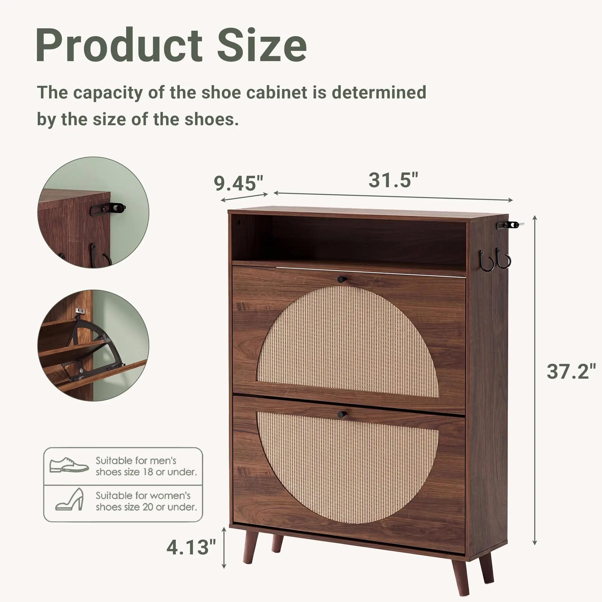 Rattan Shoe Cabinet Storage for Entryway with 2 Flip Drawers, Walnut