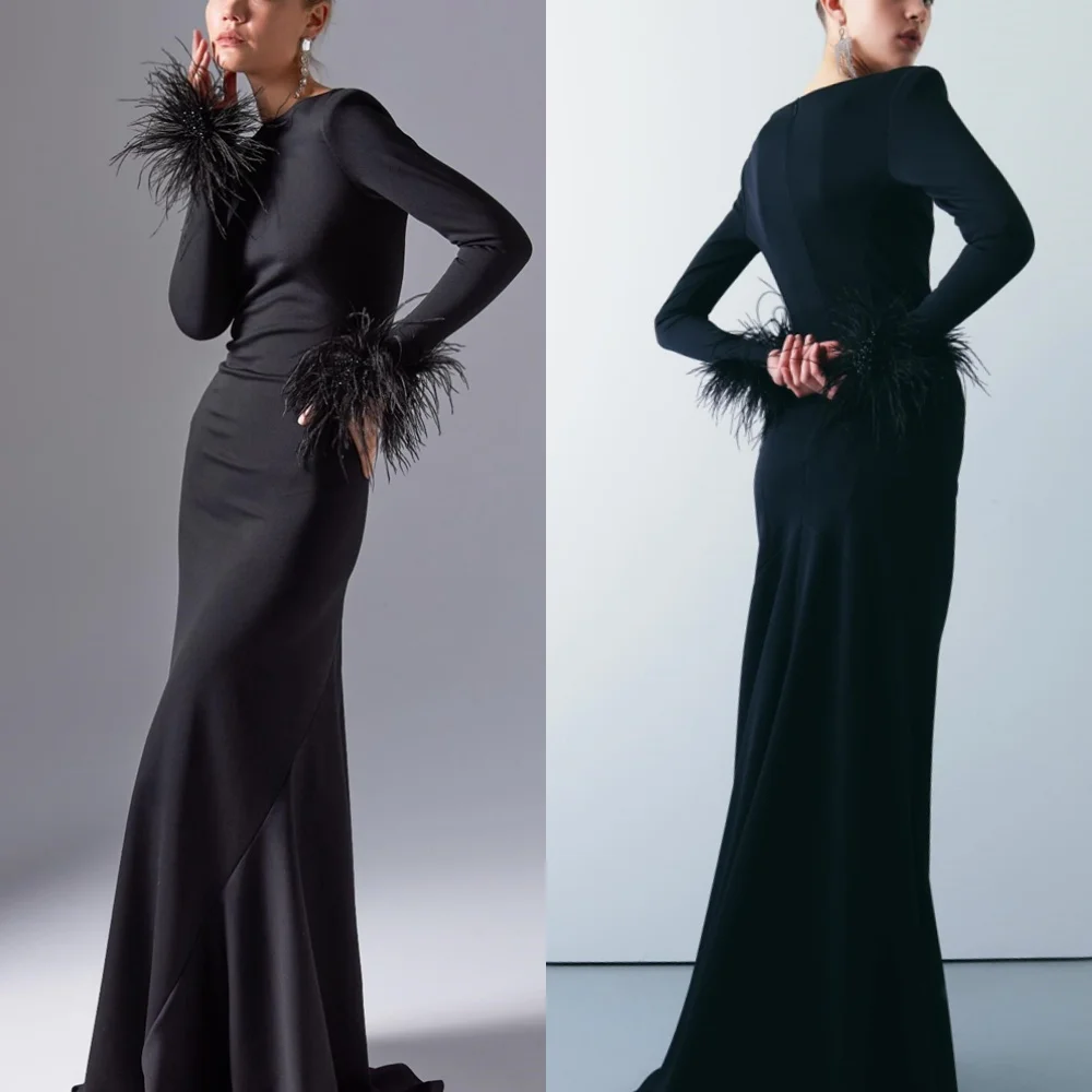 Customized Mermaid Temperament Jersey Evening Dress Exquisite Crew Neck Long Sleeves Homecoming Dress Special Occasio