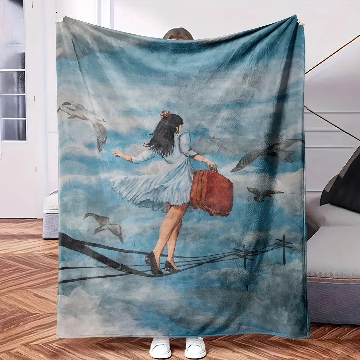 Whimsical Fantasy Art Throw Blanket Cozy Dreamy Flying Woman Sky Pattern Naptime Decor for Sofa Bedding Gift