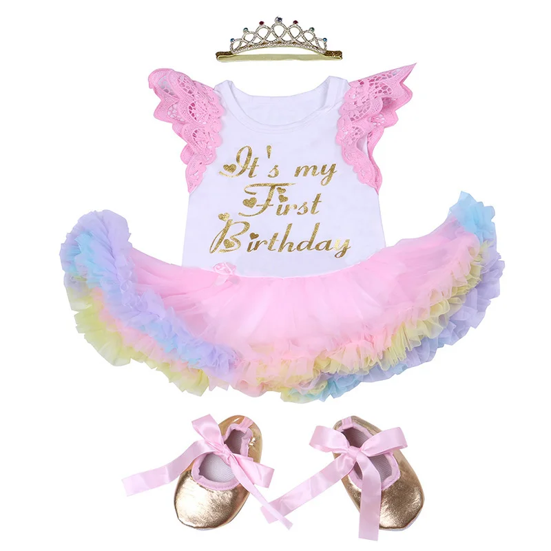 

It's My 1st Birthday Dress Baby Girl Flying Sleeves Pink Dress Princess Fluffy Tutu Dress 1 Year Party Dress Baby Clothes 3Pcs