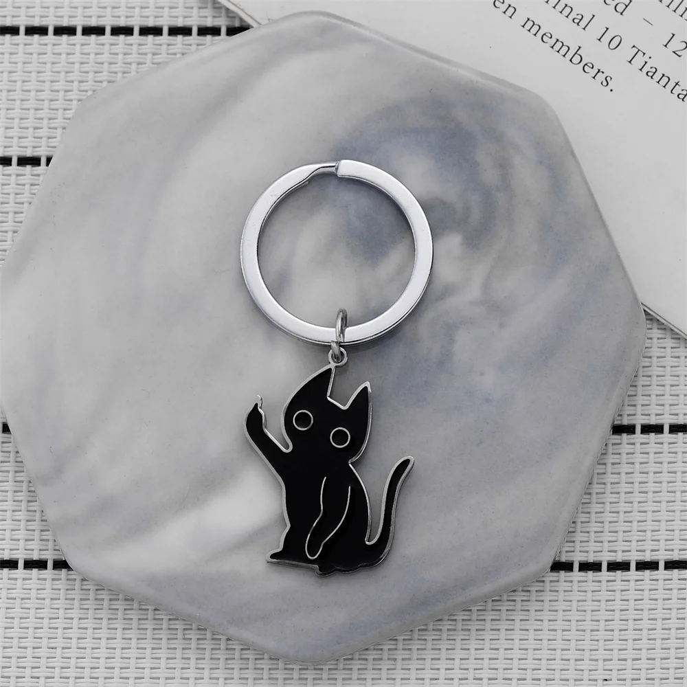 Shuangshuo Funny Keychain Middle Finger Black Cat Stickman Pendant Keyring Hip Hop Car Bag Key Chain Jewelry Couples Gift