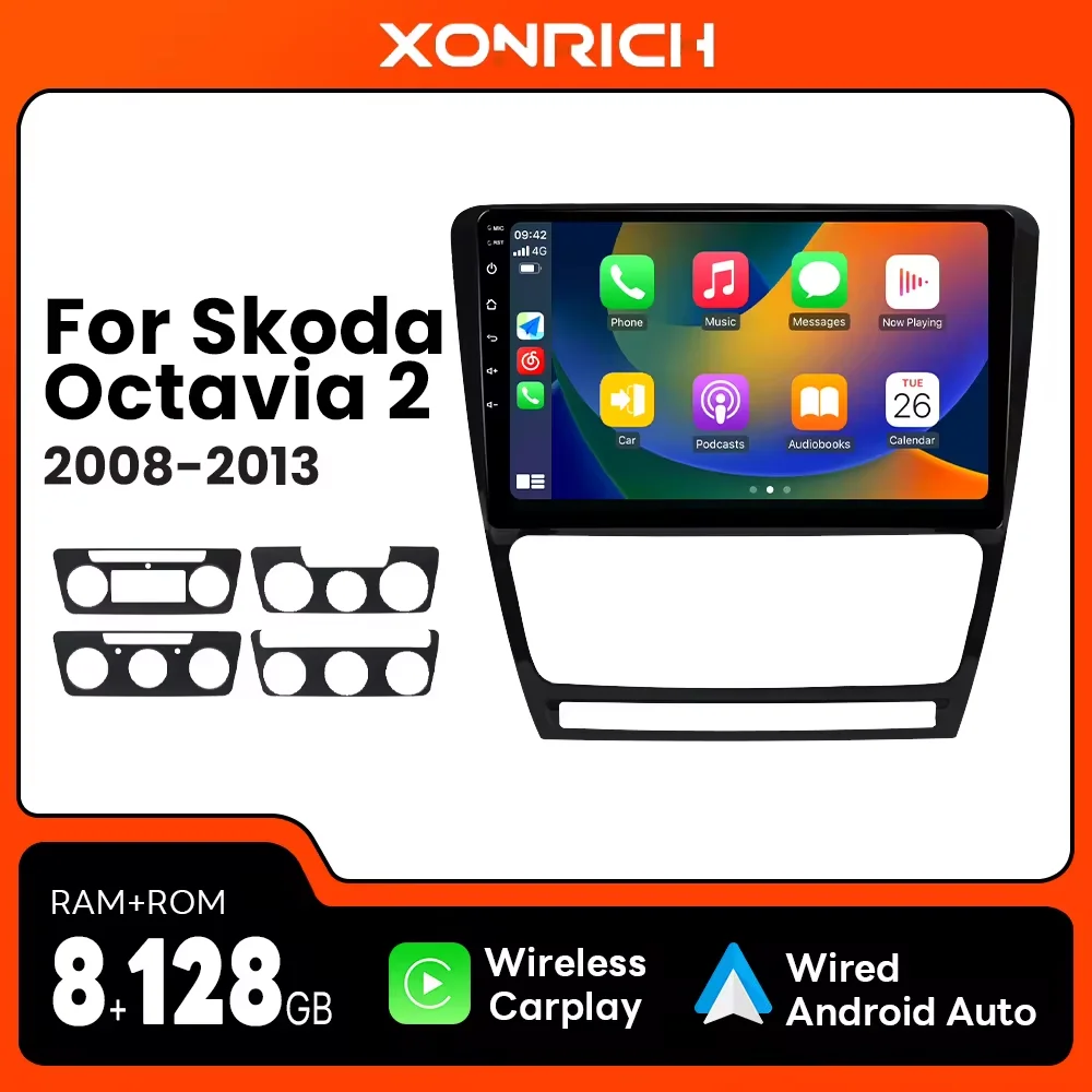 Autoradio Android pour Skoda Octavia 2 A5, 2008-2013, 4G, Carplay sans fil, AI Voice, limitation