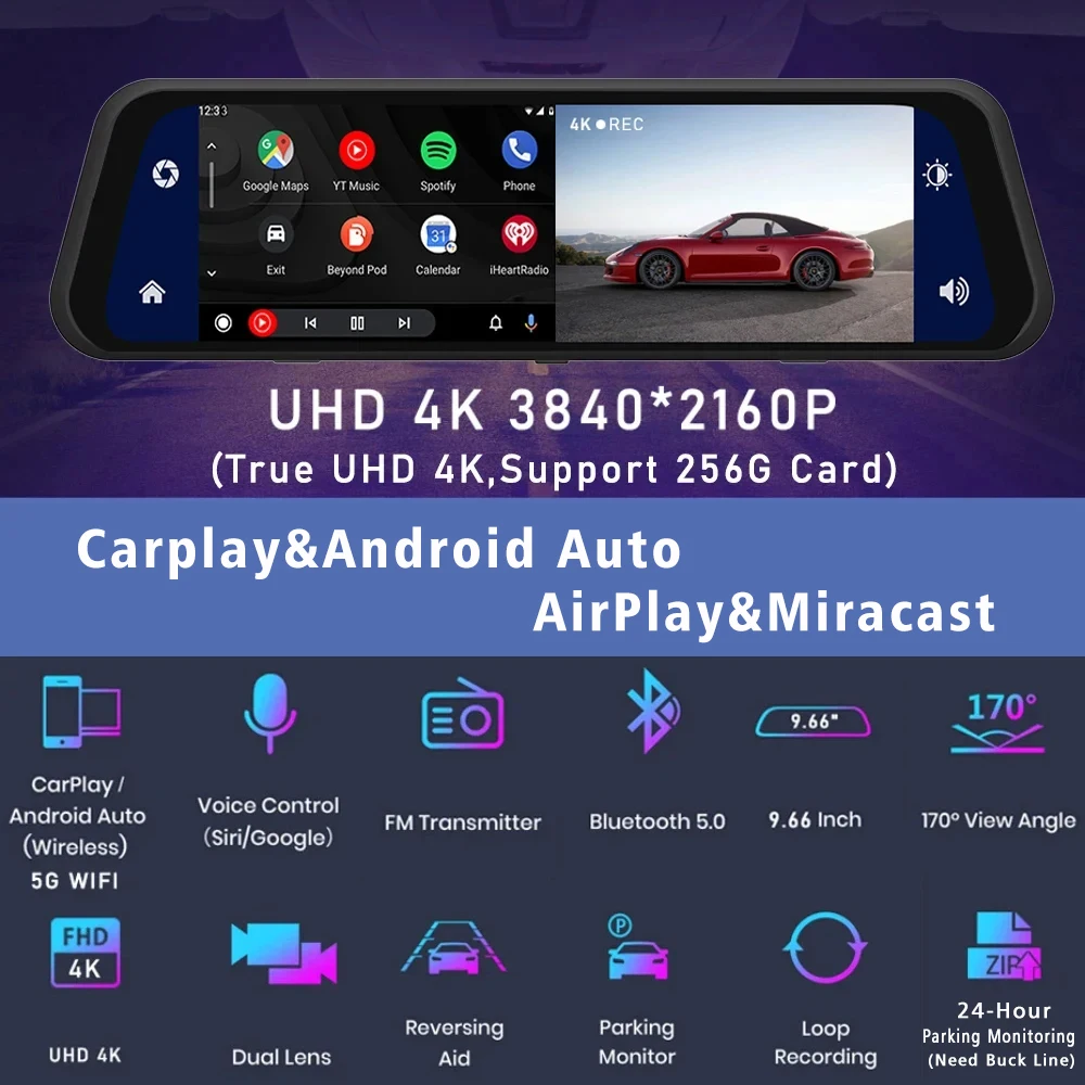 4k 3840*2160p Car Dvr Carplay Android Auto Gps 5g Wifi Aux Dash Cam Stream Rearview Mirror Dashcam Camera Drive Recorder Fm