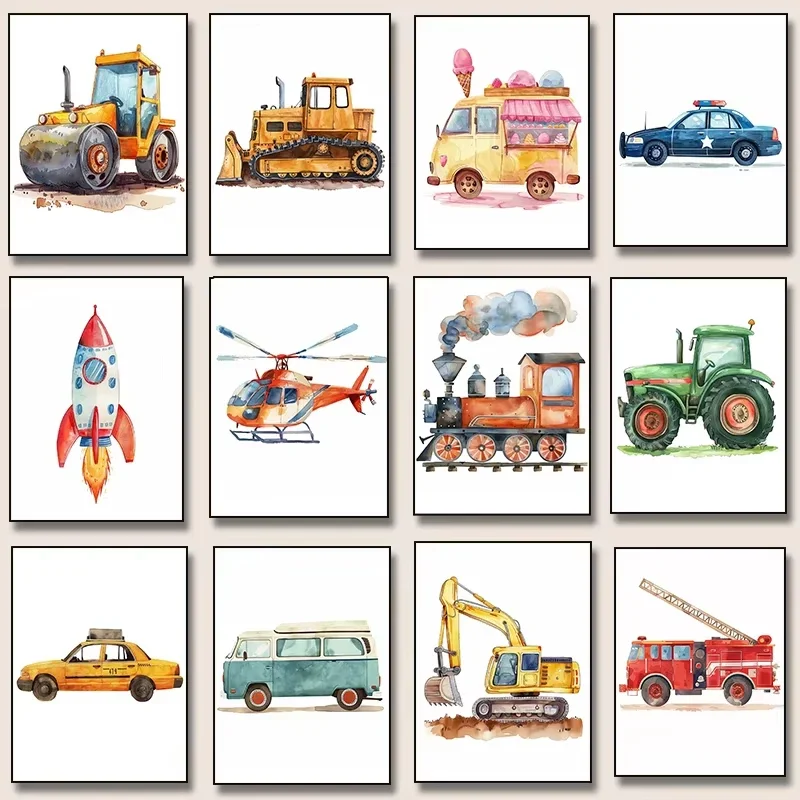 Helicopter Fire Truck Tractor Airplane Rocket Canvas Painting Poster Nordic Wall Art Picture Kids Room Nursery Home Decor