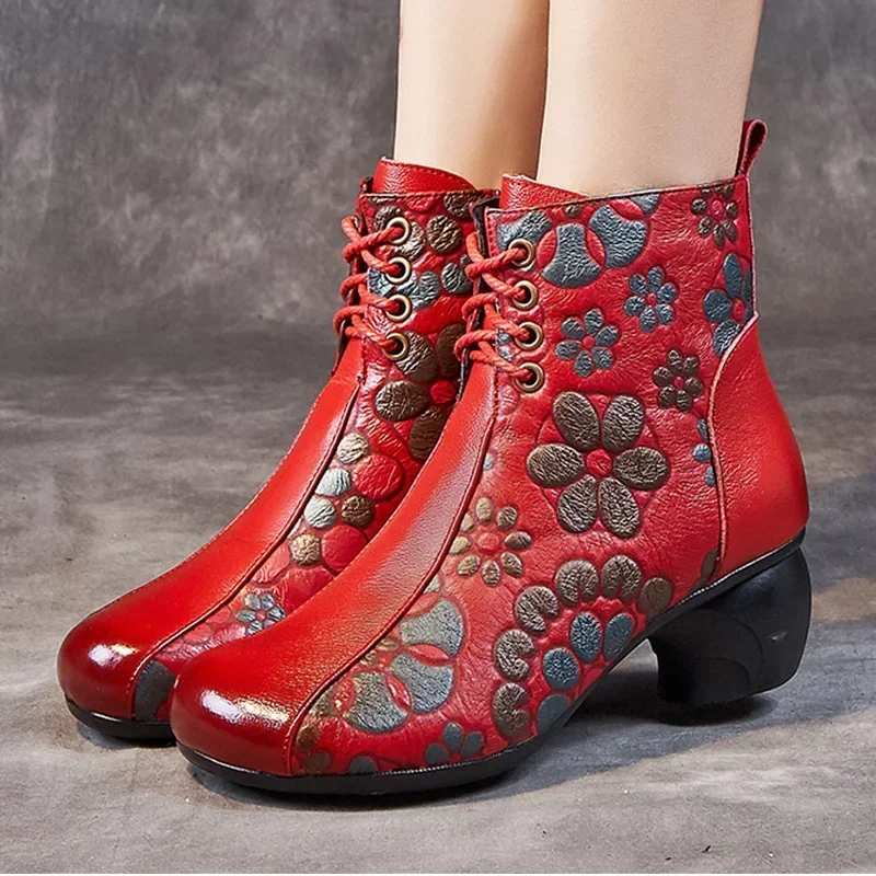 Koznoy Boots Woman Winter 2025 4cm Retro Ethnic Print Cow Genuine Leather Plush Fashion Chunky Heel Autunm Zipper Lace Up Shoes