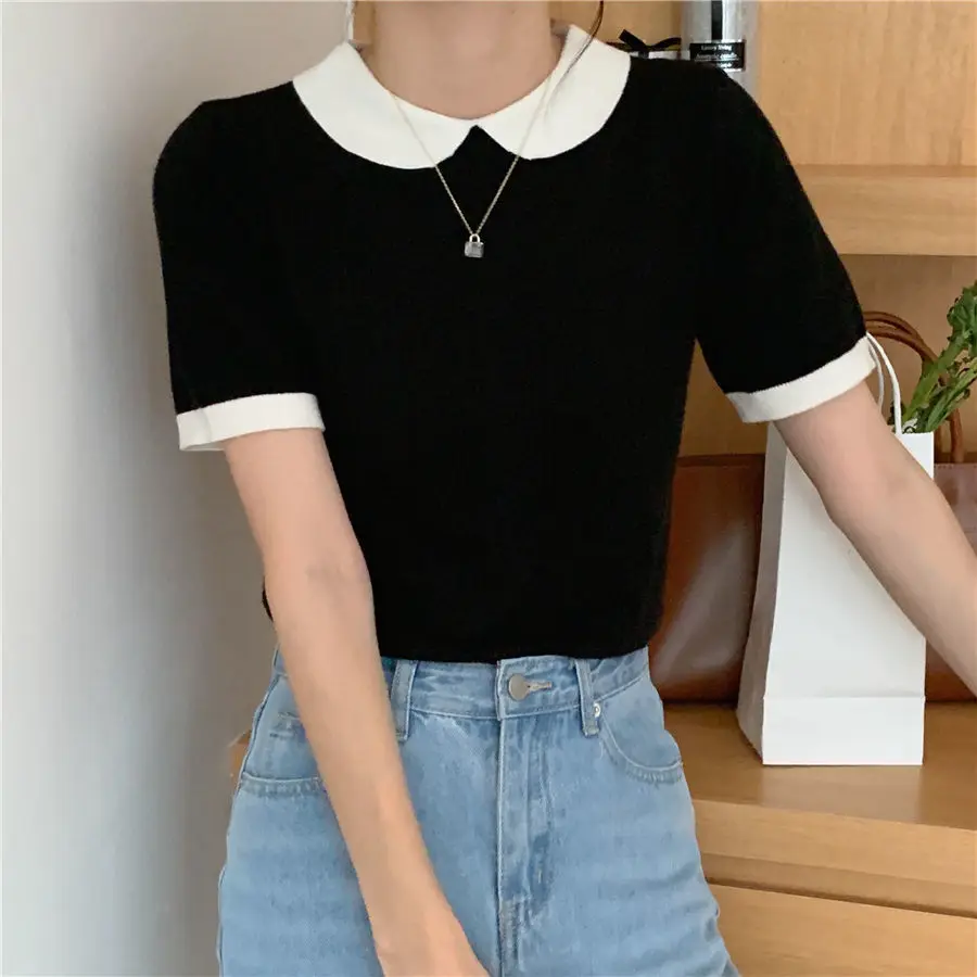 Back Single Breasted Black Doll Sweaters Puff Short Sleeve Collar Wild Slim Stretch Knit Tops Jumper Shirts for Women New Blouse