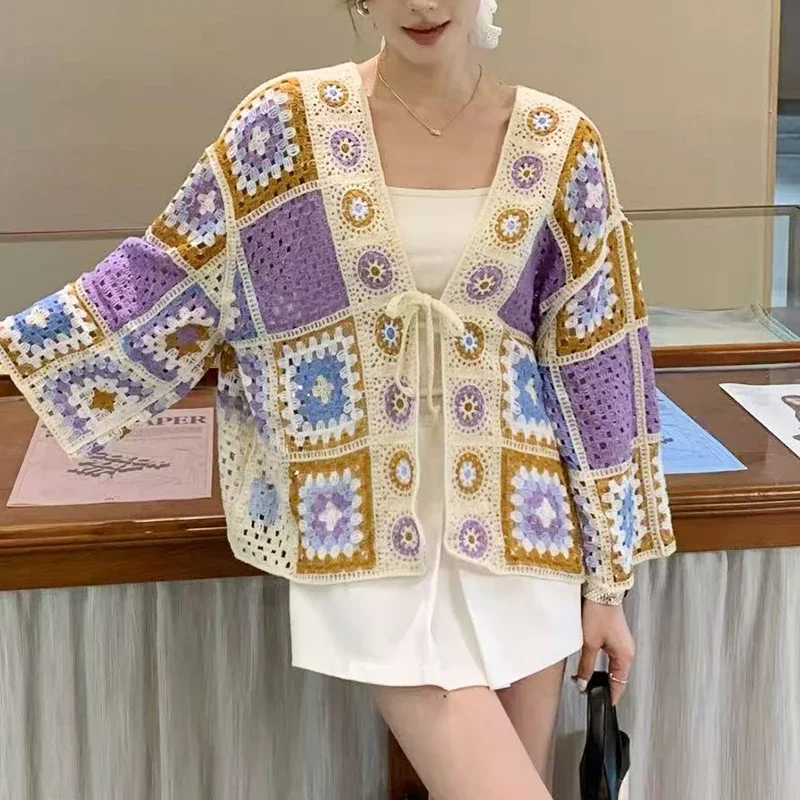 

Квадратный вязаный крючком топ с завязками спереди, кардиган, блузка большого размера, женское летнее пляжное бикини, богемный наряд для отпуска