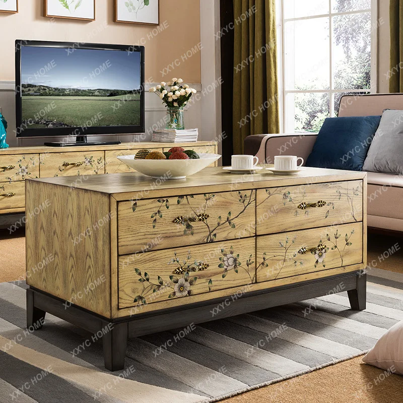 X-S solid wood TV cabinet coffee table combination living room high style, bedroom rural simple small apartment HG