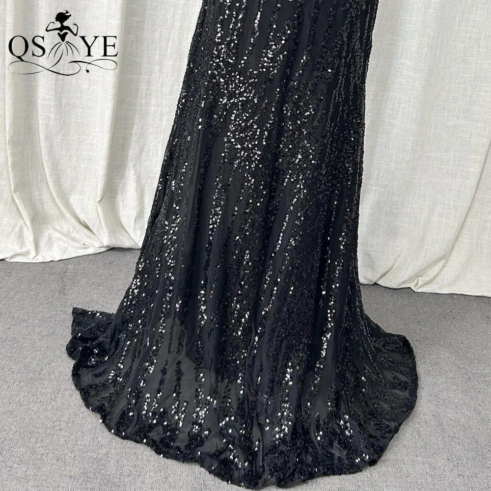 Black Evening Dresses Sequined Pattern Lace Ostrich Fur Beaded V neck Prom Gown Open Back Sleeveless Front Split LongParty Dress