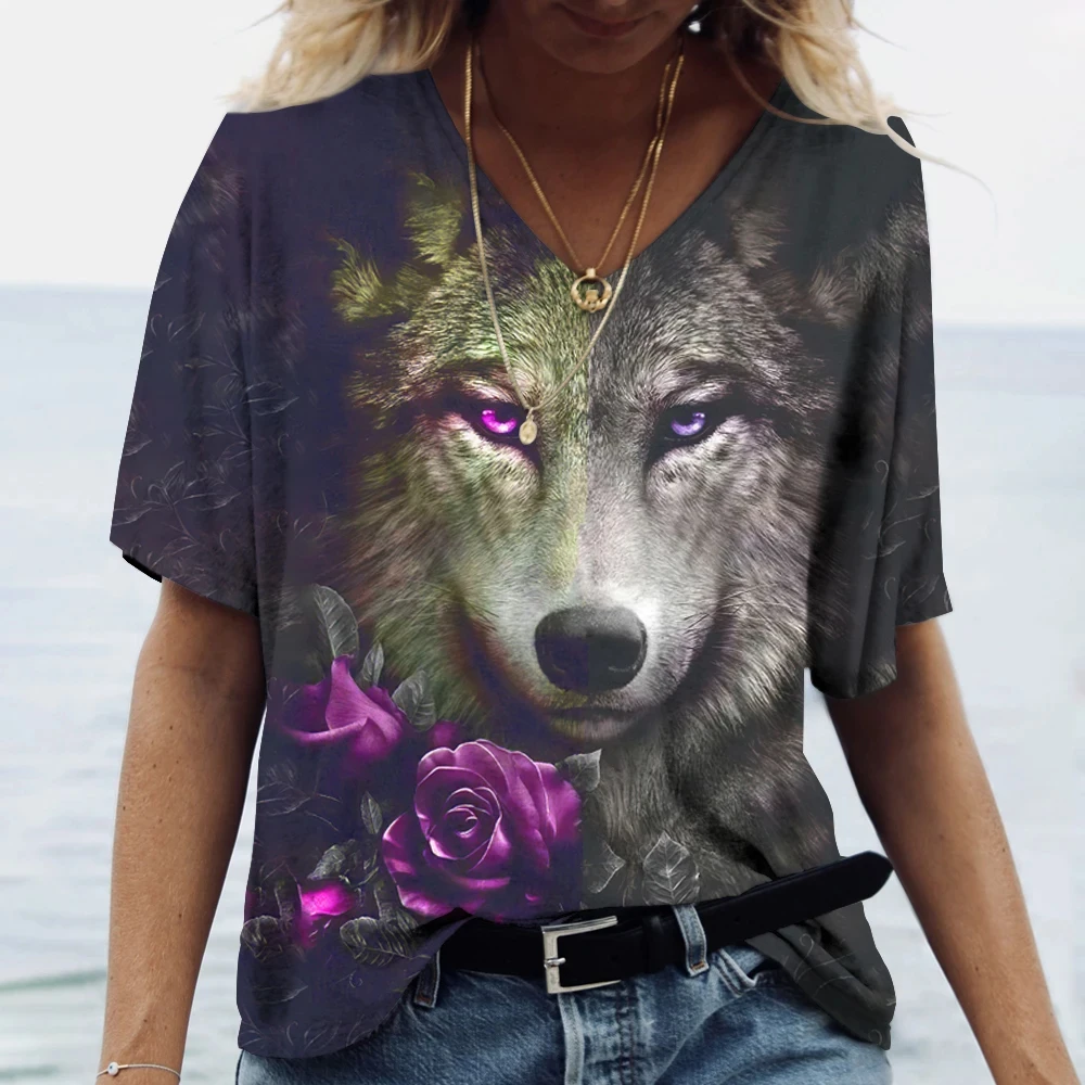 3D Wolf Flower Print Women's T-shirt Casual Loose Harajuku Women's Top Shirt Fashion Plus Size Women's Top Y2K Street Clothing
