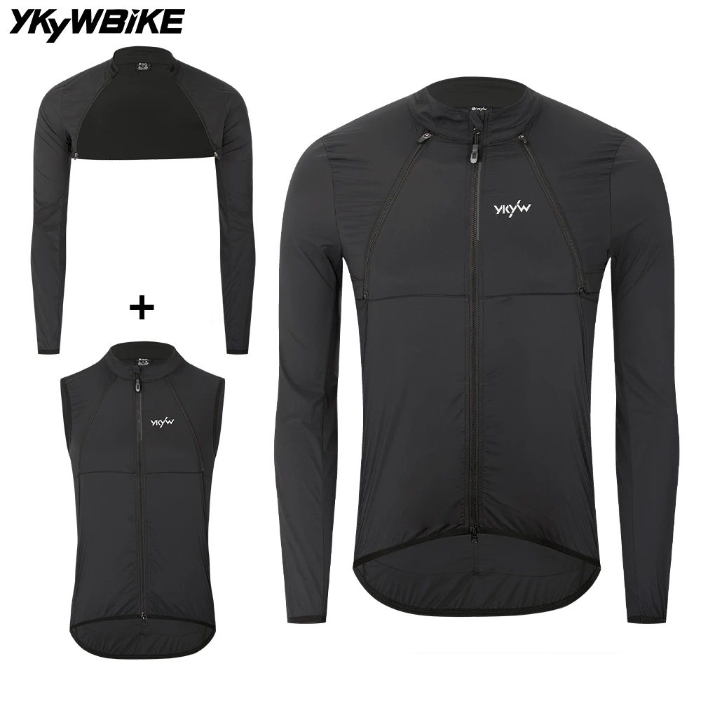 YKYWBIKE Men's Cycling 2-in-1 Jacket Waterproof Windproof Bicycle Jersey 6 pockets breathable Road Bike Gilet MTB Riding Clothes