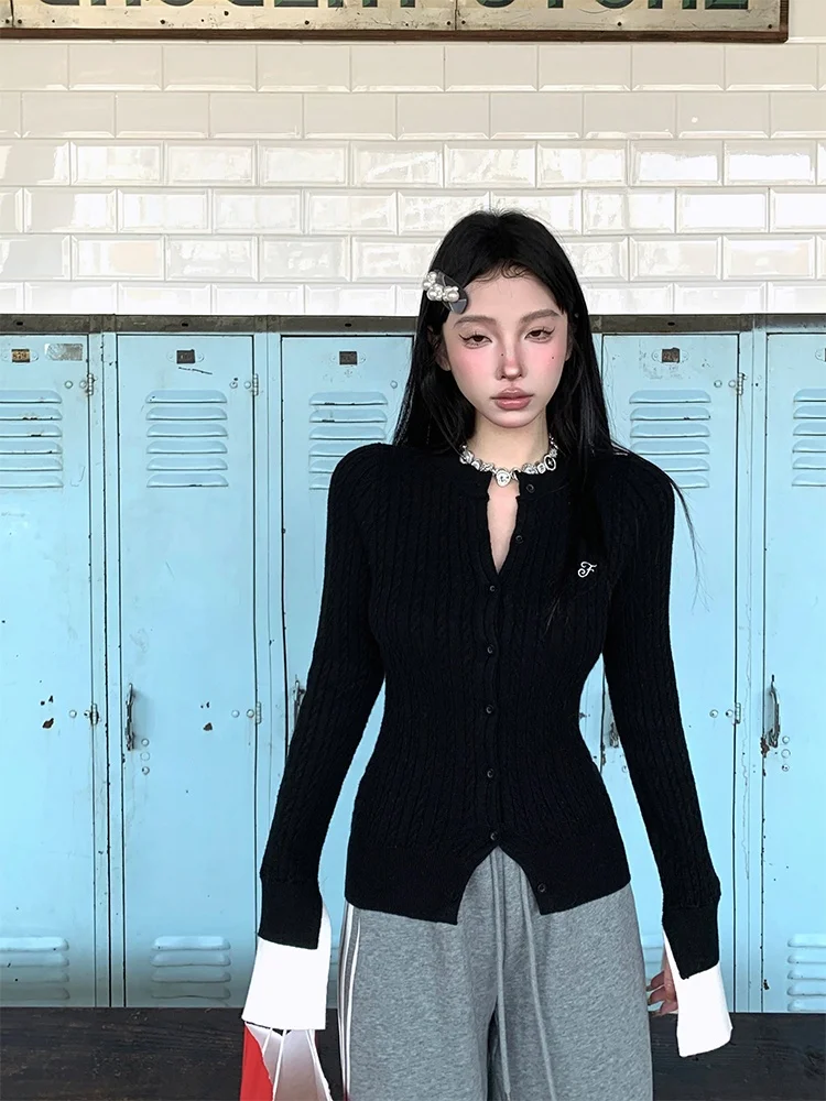 

FunnJ Vintage Preppy Sle Women's Knitted Sweater Coat Slim Fit Cardigan Inner Wear College Sle Long Sve round Ne Top