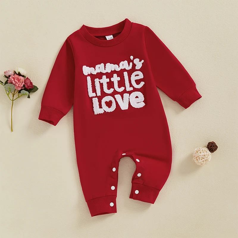 BabyBoys Girls Jumpsuit Long Sleeve Crew Neck Embroidery Letters Fall Romper Clothes for Valentine Day