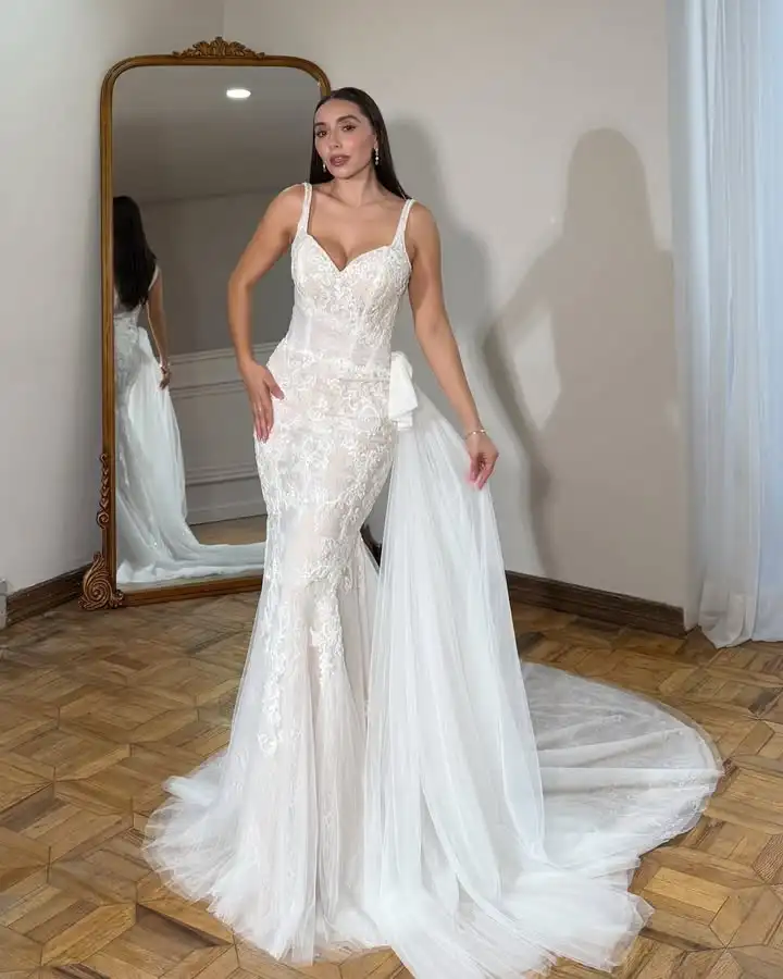 Customized Crafted Spaghetti Strap Wedding Dress Lace Mermaid Bridal Gown with Overskirt Backless Fishtail vestidos de novia