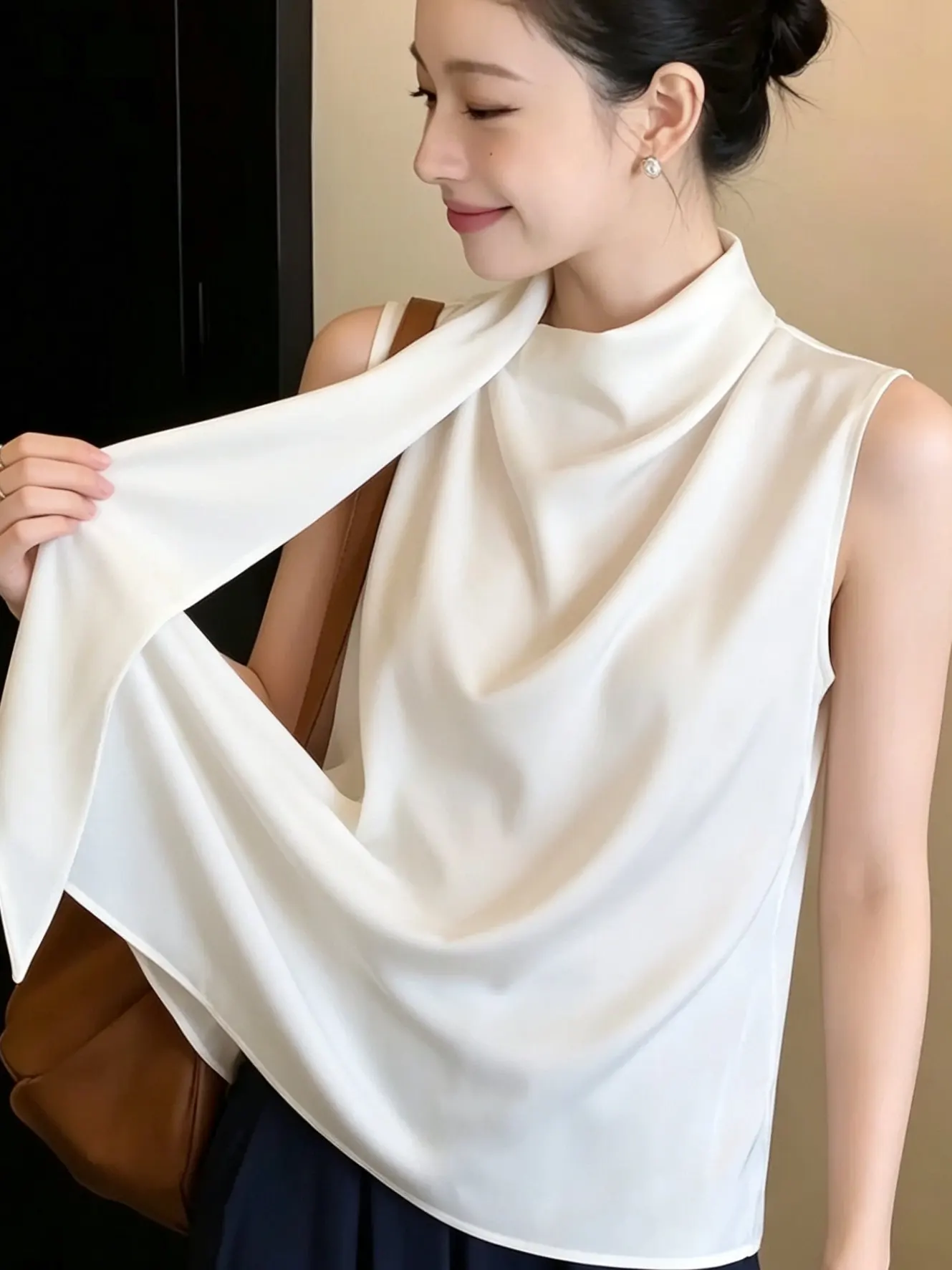 Elegant White Sleeveless High Collar Shirt Women's Summer New Style Versatile Flowing Sash Design Sensation Commute Korean Ve...
