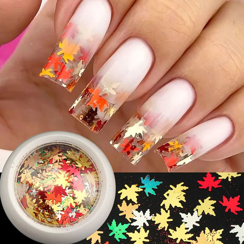 Sparkly Mirror Maple Leaf Nail Glitter Sequins Gold Orange Fall Leaves Y2K Ultra-thin Flakes Autumn Thanksgiving Nail Art Decor