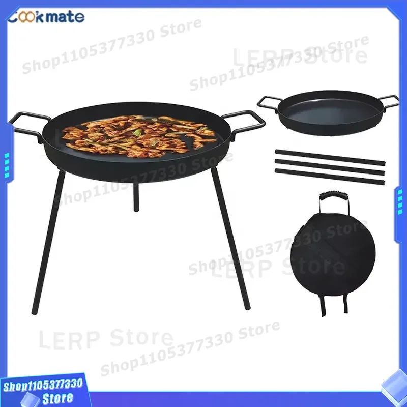 40cm Pre Seasoned Cast Iron Campfire Pan with 3 Removable Legs Round Baking Skillet for Outdoor Camping Cooking Black Frying
