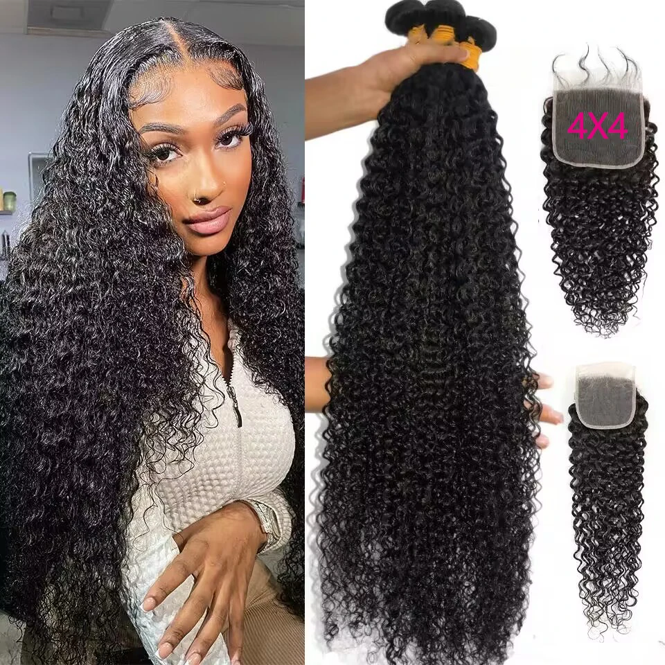 30 32 inch Kinky Curly Human Hair Bundles With 4x4 Lace Closure Top Quality Malaysian Hair Weave Bundles With Lace Closure