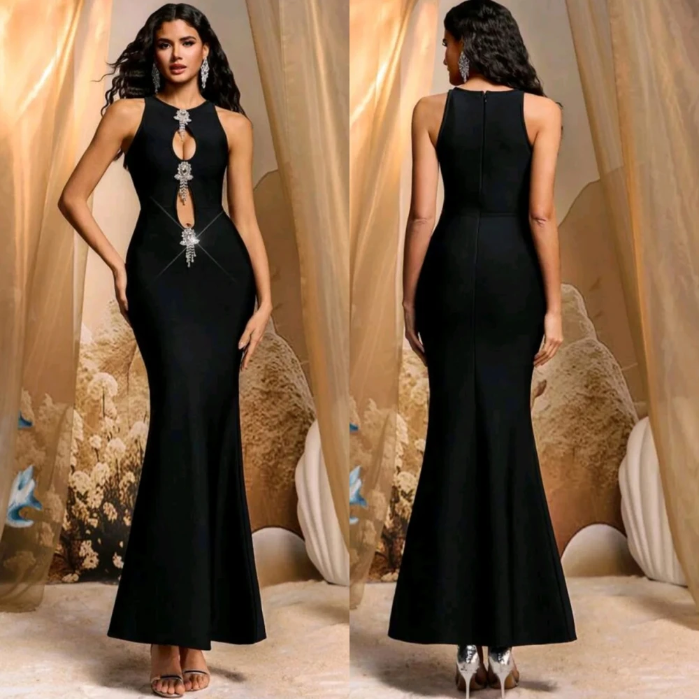 

Customized Elegant Jersey Mermaid Evening Dress Simple O-Neck Prom Dresses Luxury Crystal Sleeveless Special Occasion Gowns