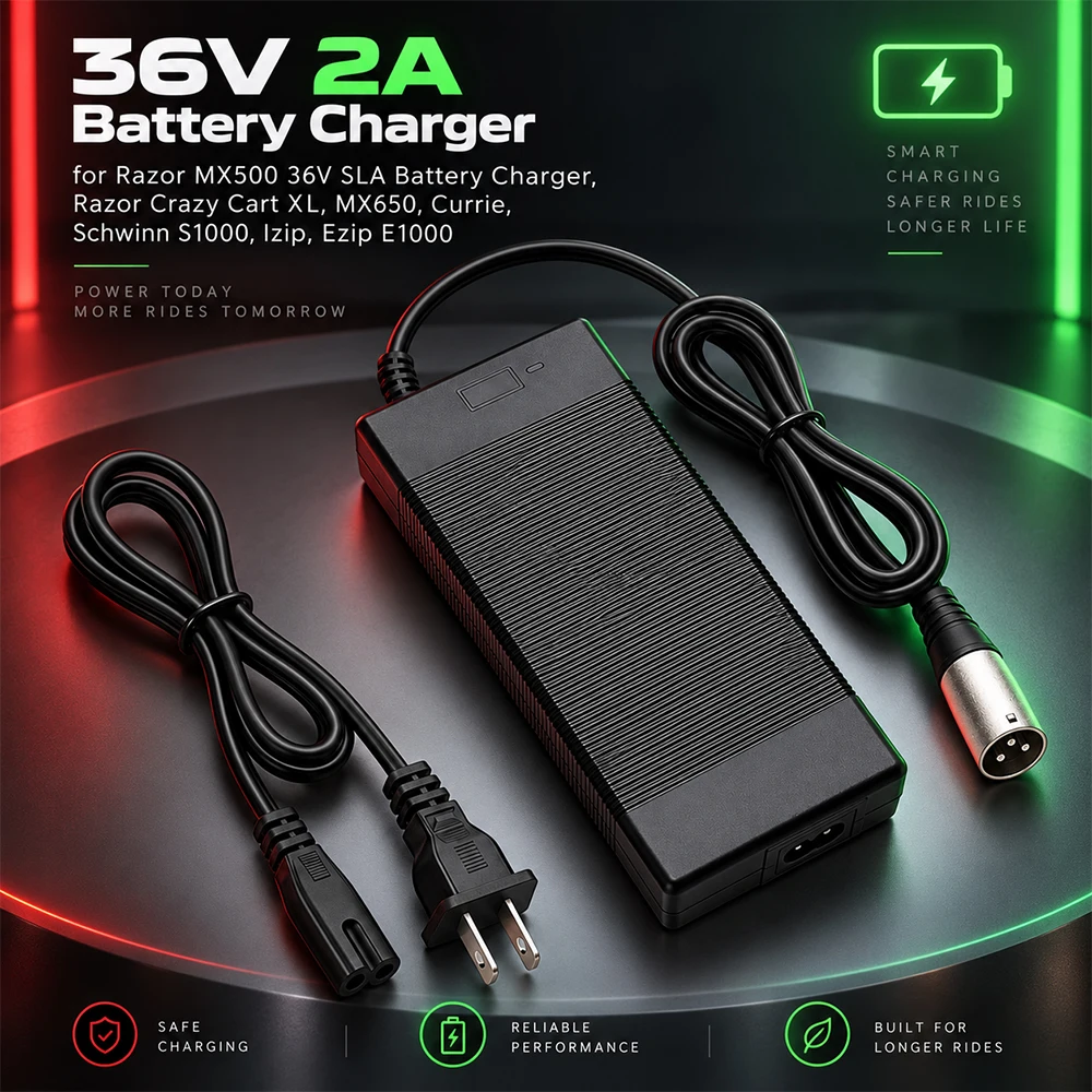 36V 2A Scooter Battery Charger 44V Output 3-Pin XLR for Razor MX500 MX650 RSF650 Crazy Cart XL Schwinn S1000 Mongoose DC Charger