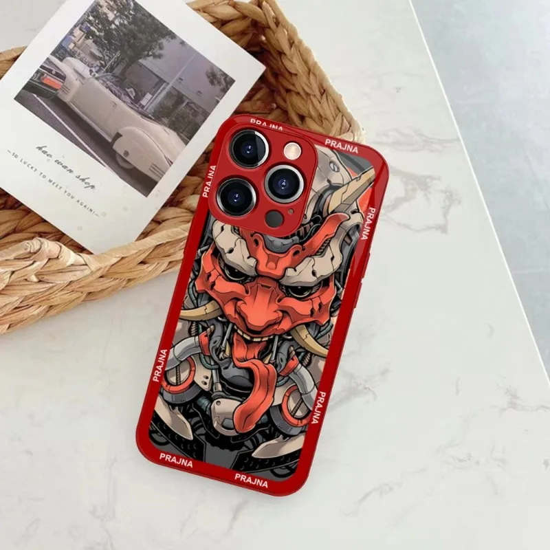 Japanese Oni Hannya Samurai Demon Mask Phone Case Red Blue Glass For IPhone 13 14 12 11 Pro Max Plus Mini X XR 8 7 6s SE2020