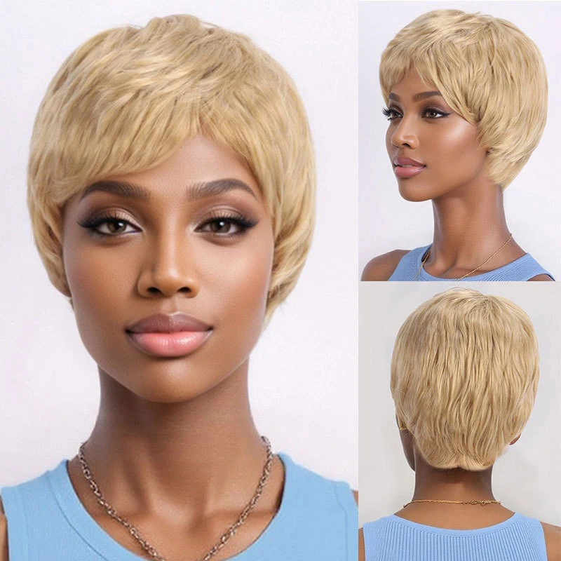 European and American style women's straight wig in light gold, fashionable African headpiece, short curly hair for b