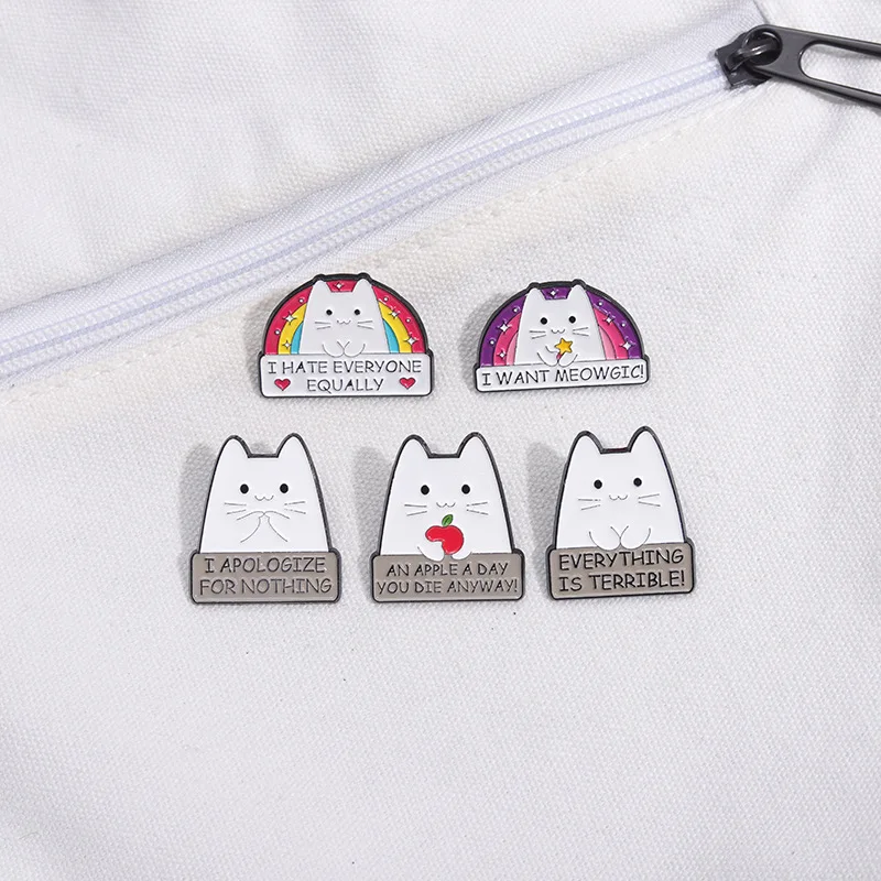 Cute Rainbow Cat Enamel Pins Funny Kitten Phrase I HATE EVERYONE EQUALLY Brooches Lapel Backpack Badge Jewelry Accessories