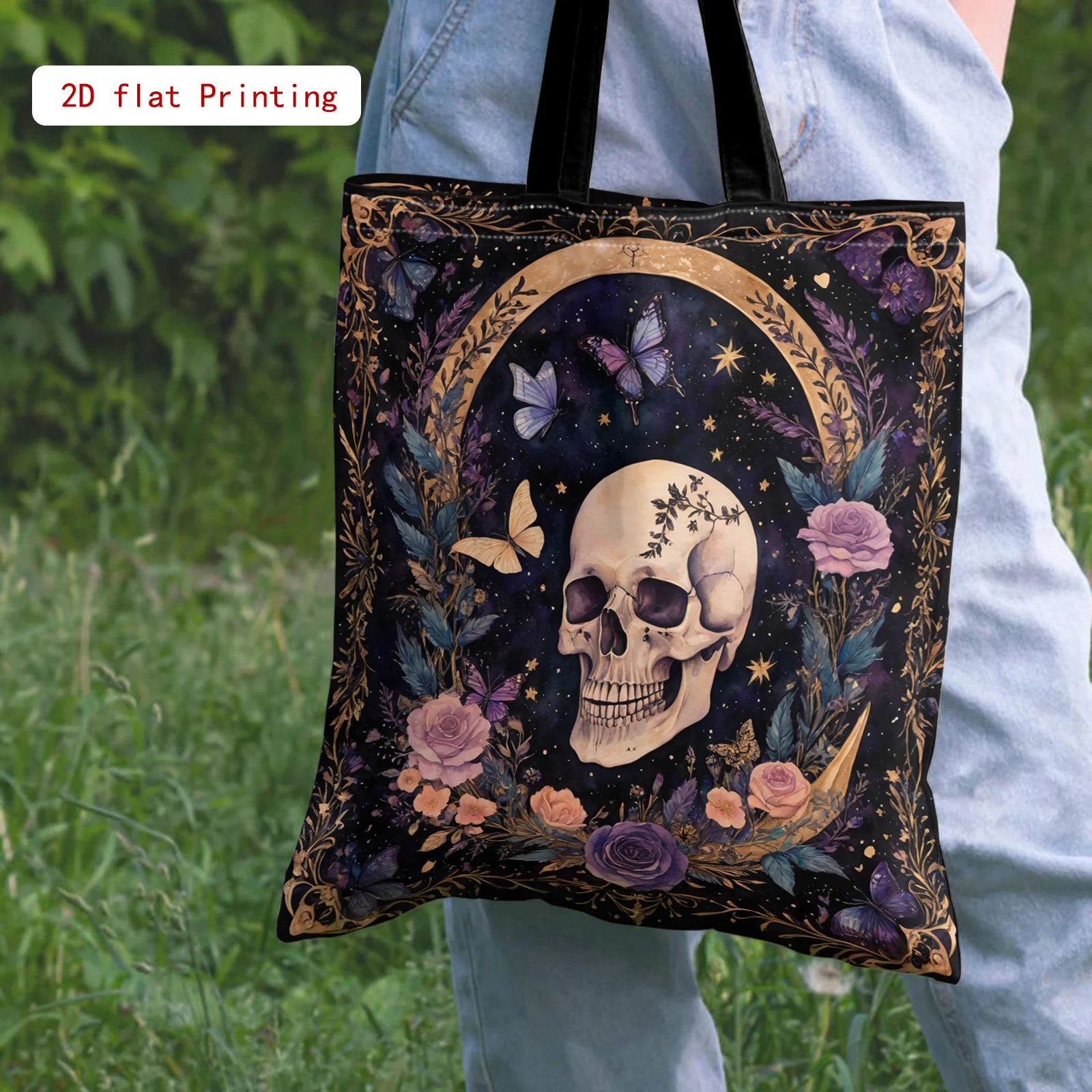 Gothic-Einkaufstasche für Damen – offene Geldbörse mit großem Fassungsvermögen, elegantem Totenkopf- und Blumenmuster (lila/schwarz/golden/) – Detail 5